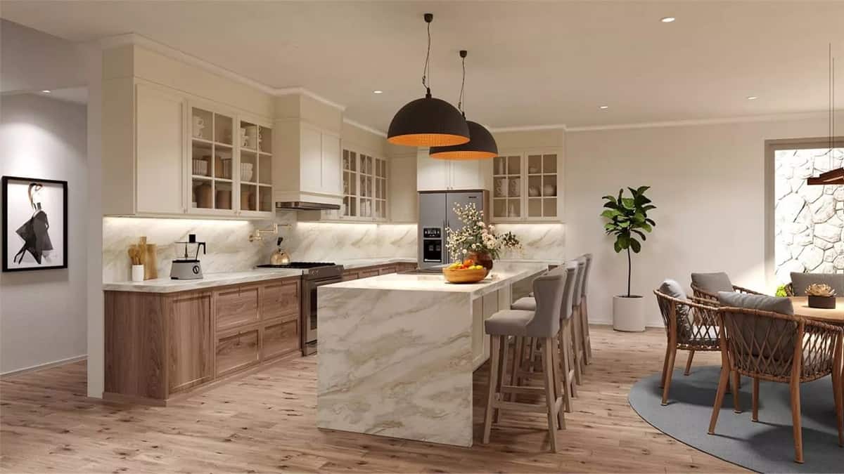Kitchen with white and wood cabinets, modern appliances, and a waterfall island.