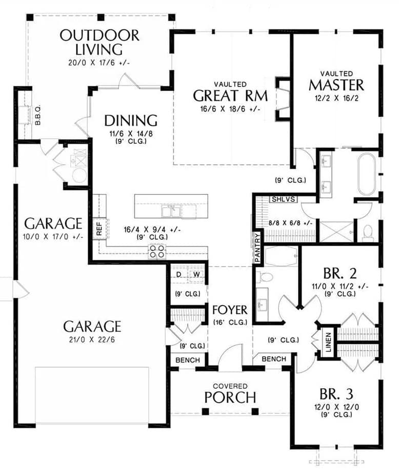 Main level floor plan of a farmhouse style single-story 3-bedroom Cool Creek home with a foyer, great room, dining area, kitchen, three bedrooms, and double garage.