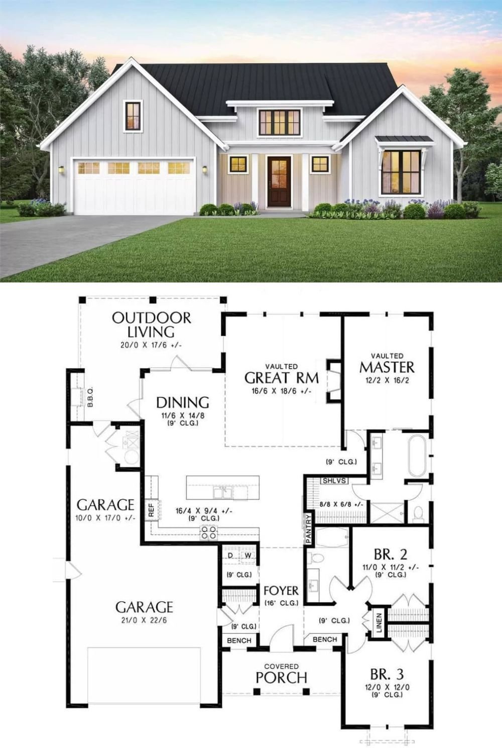 This 3-bedroom farmhouse showcases a bright and cheery facade with vertical siding, gable rooflines, and a welcoming front porch topped with a large shed dormer. It includes a double front-loading garage with a workshop space and mudroom access.