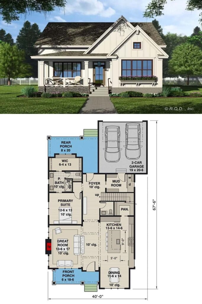 Country Style Two-Story 3-Bedroom Cottage with Front Porch and Loft ...