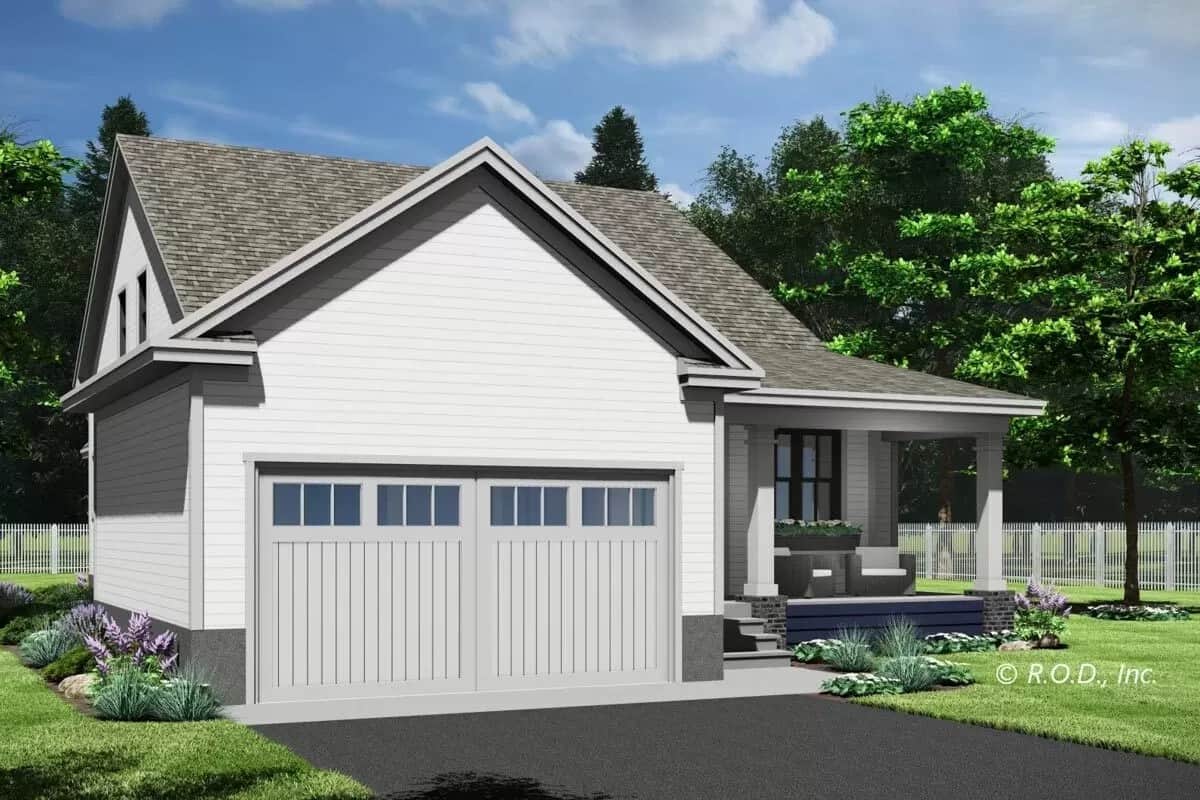 Front-left view with a double garage and a covered entry porch.