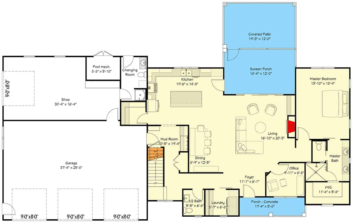Main level floor plan of a 3-bedroom country style two-story craftsman with foyer, living room, dining area, kitchen, laundry, primary suite, and mudroom leading to the garage.