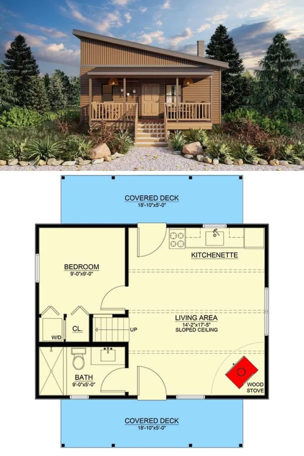 This two-story modern cabin showcases a cozy and welcoming facade with vertical and horizontal siding, a stone chimney, and a welcoming front deck mirrored on the back of the home.