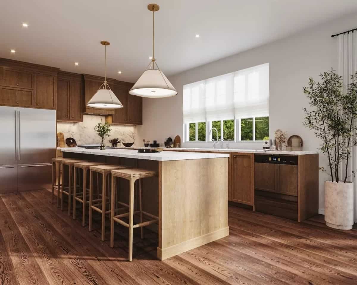 Kitchen with marble countertops and wooden cabinets that blend in with the hardwood floor.