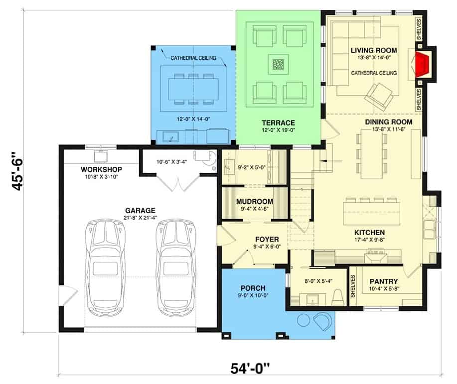 Main level floor plan of a two-story transitional farmhouse with foyer, kitchen, dining room, living room, mudroom, and 2-car garage.