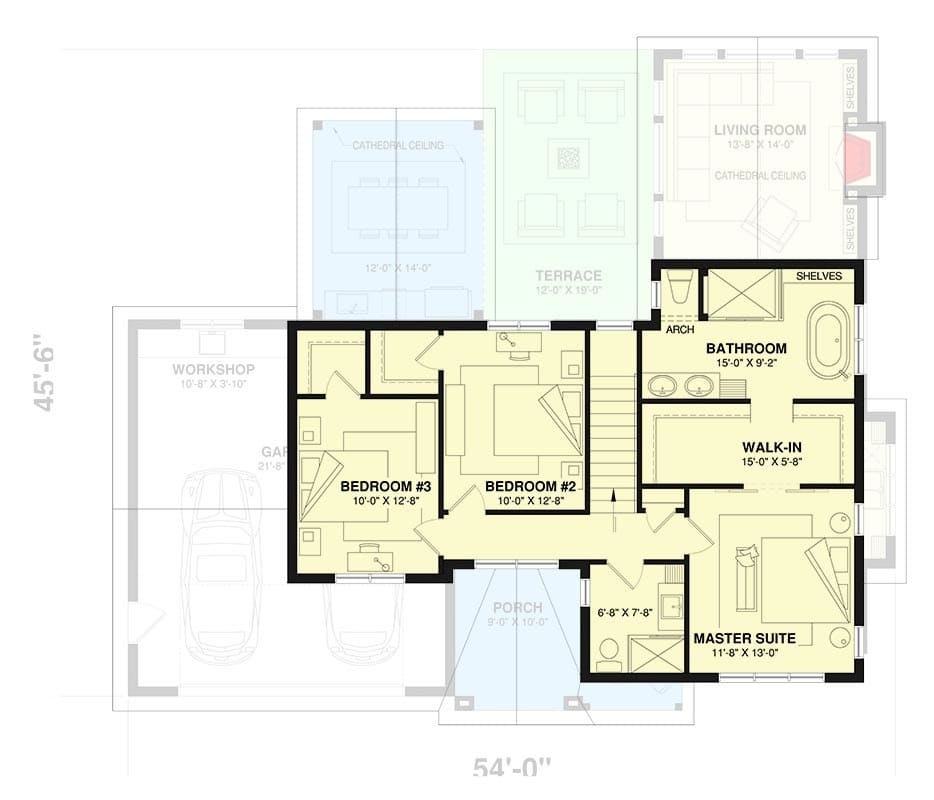 Second level floor plan with three bedrooms and two bathrooms.