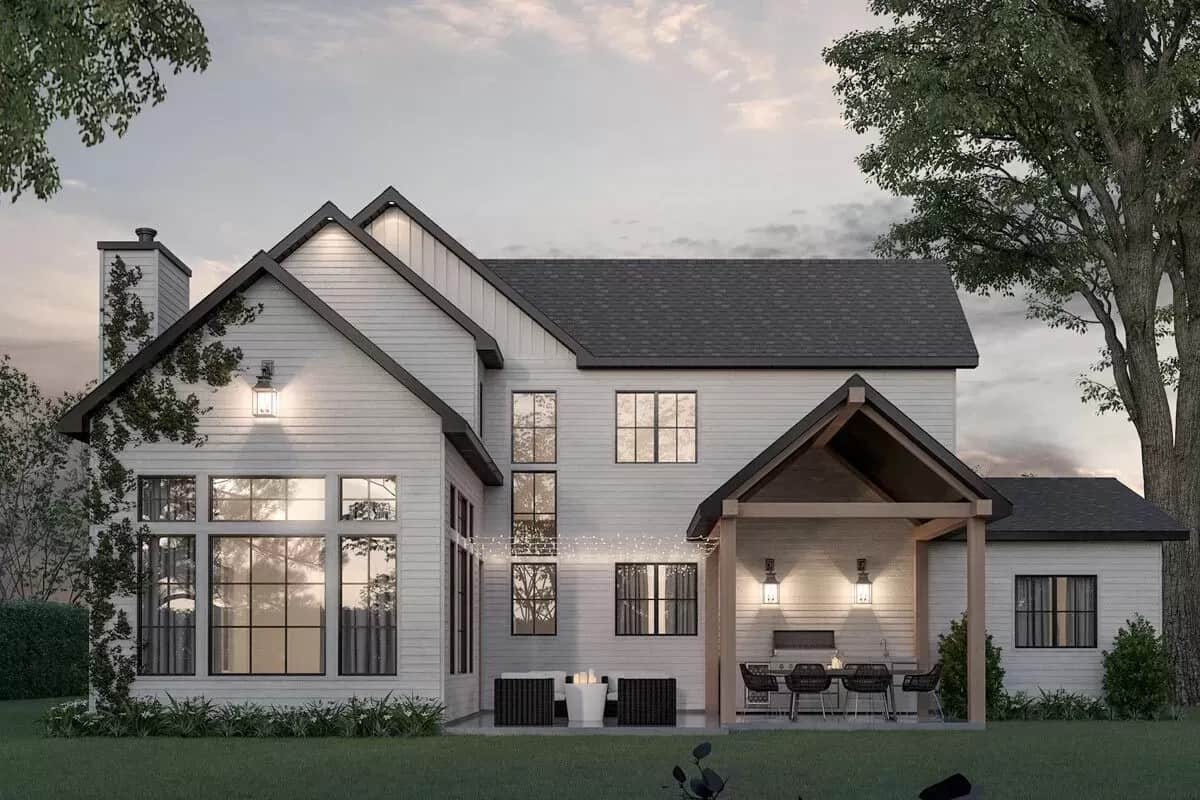 Rear rendering of the two-story transitional farmhouse.