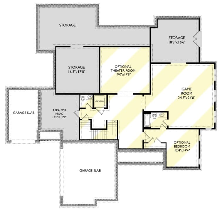 Lower level floor plan with game room, theater, and an extra bedroom.