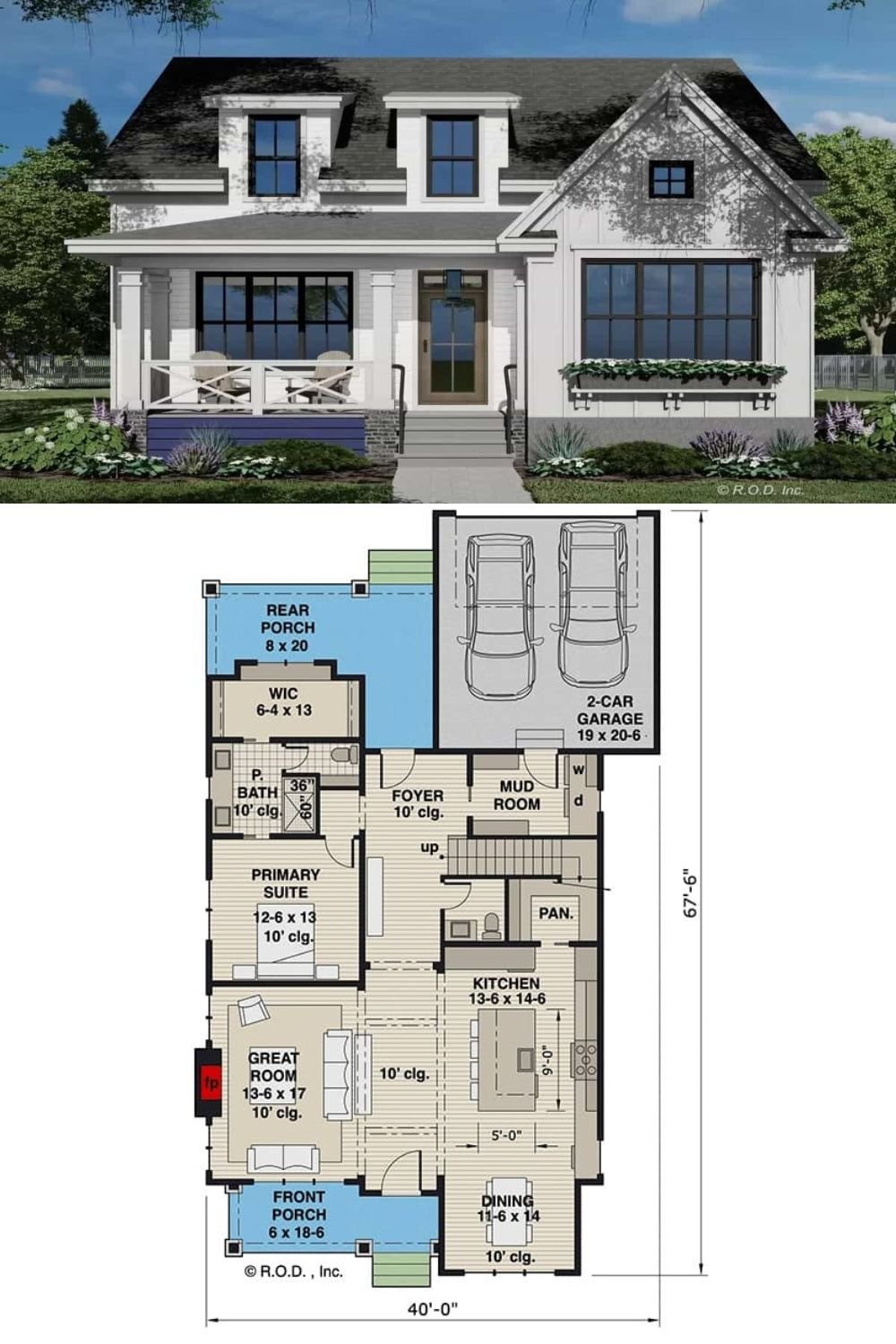 This two-story modern farmhouse exudes a classic charm with clapboard siding, board and batten, brick accents, and an inviting front porch topped by twin shed dormers.