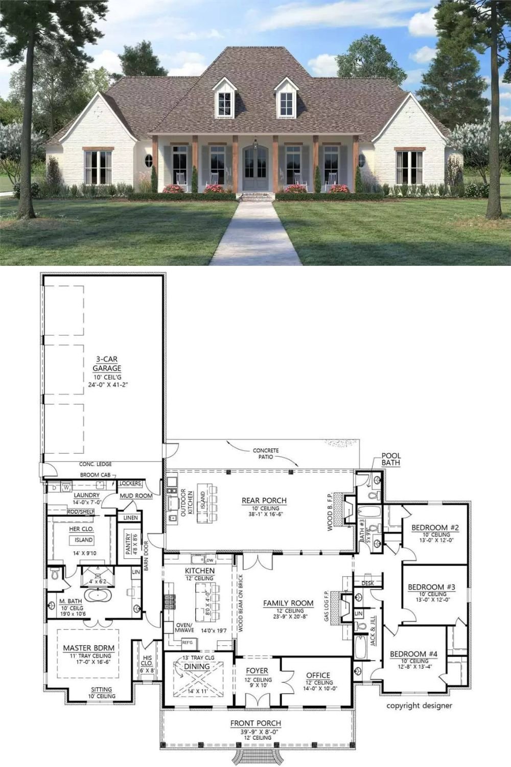Painted brick exterior accentuated with rustic timber beams embellish this 4-bedroom French country home. A covered front porch topped by twin gable dormers creates a warm welcome.