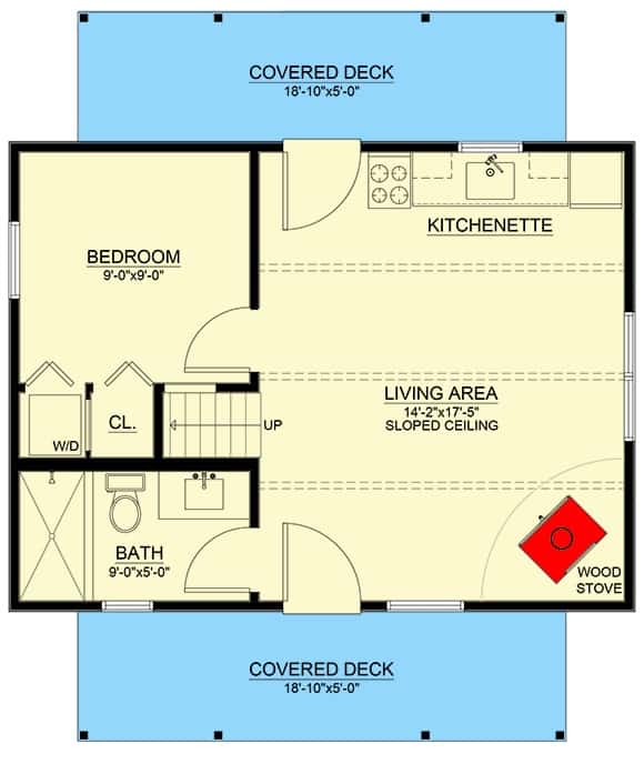 Main level floor plan of a 2-bedroom modern two-story cabin with living area, kitchenette, bedroom, and covered decks.