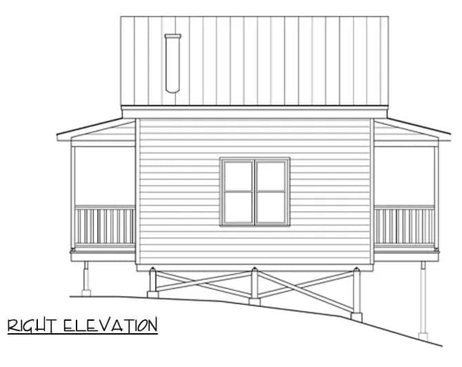 Right elevation sketch of the 2-bedroom modern two-story cabin.