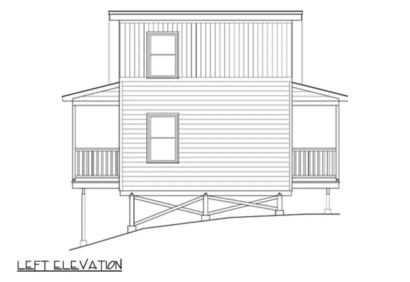 Left elevation sketch of the 2-bedroom modern two-story cabin.