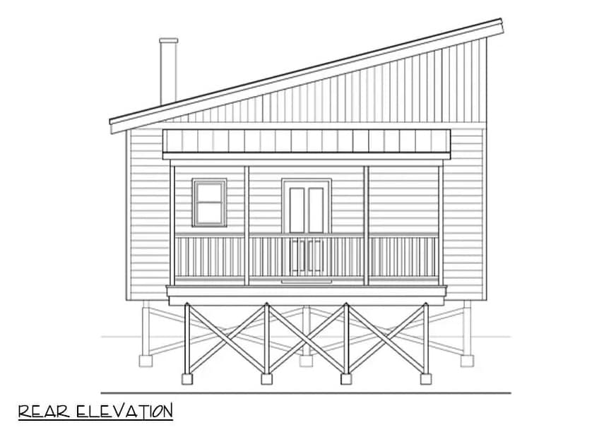Rear elevation sketch of the 2-bedroom modern two-story cabin.