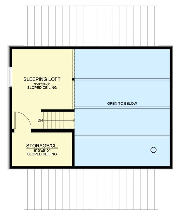 Second level floor plan with a storage room and a sleeping loft.