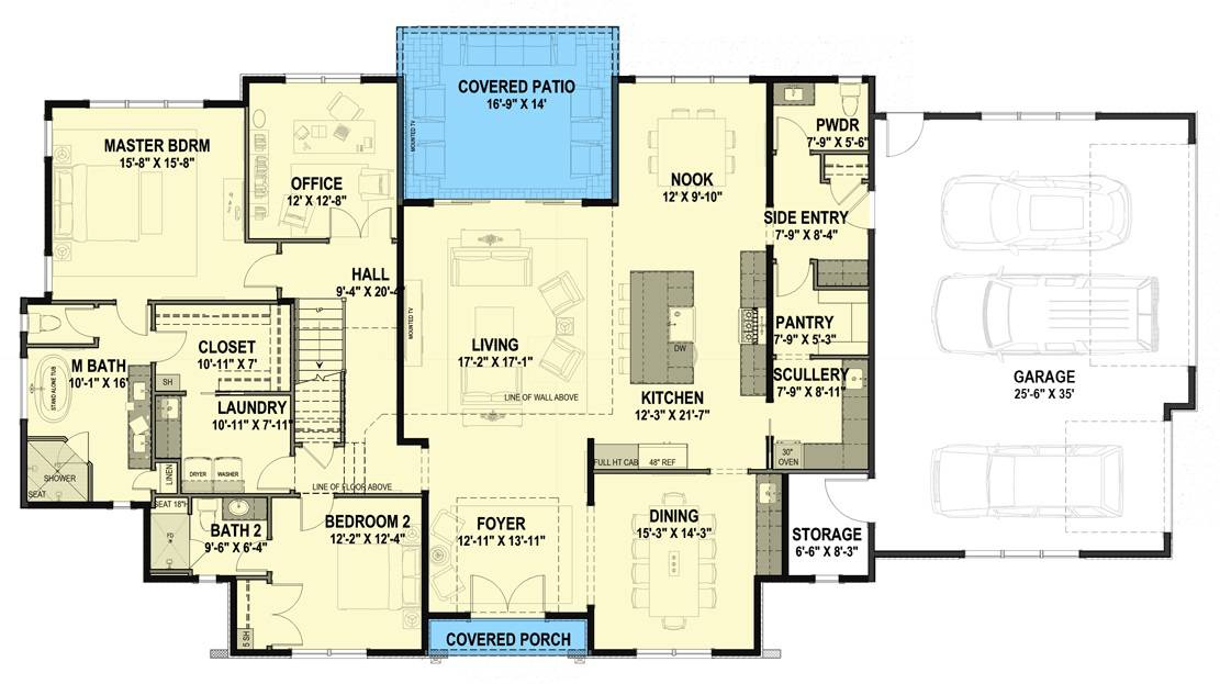 Main level floor plan of a transitional style 4-bedroom two-story home with foyer, living room, kitchen, dining room, breakfast nook, two bedrooms, laundry room, and a mudroom leading to the garage.