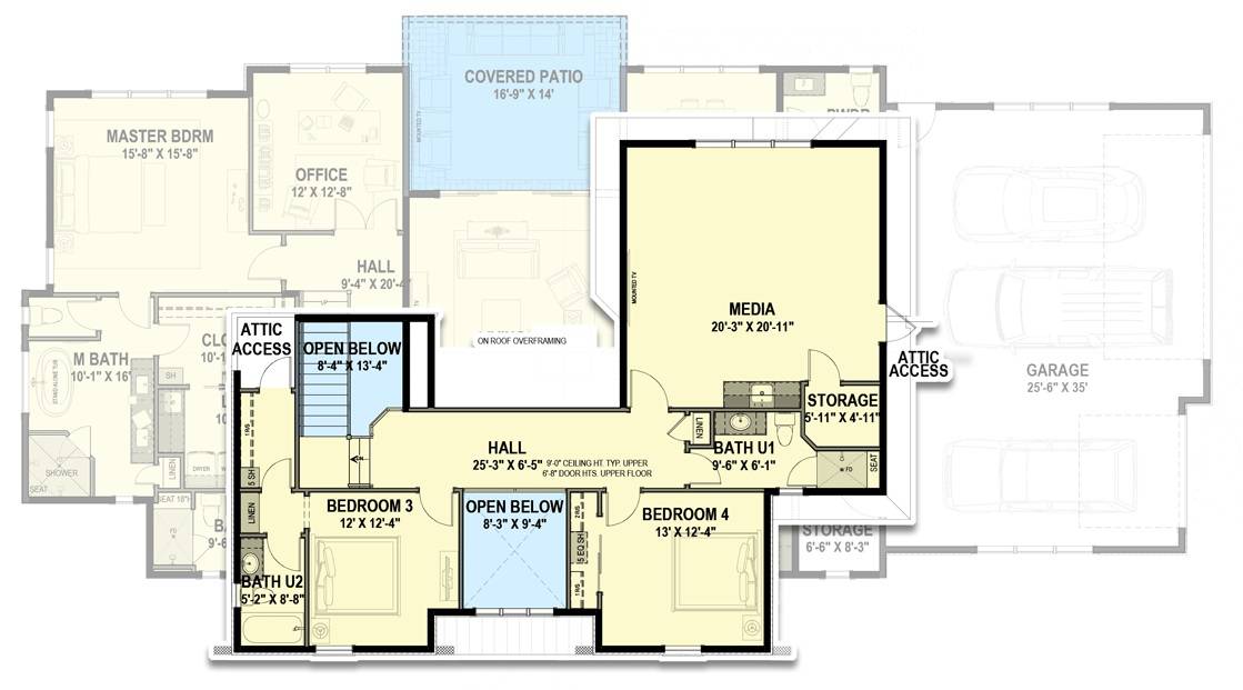 Second level floor plan with two bedrooms, two baths, and a media room.