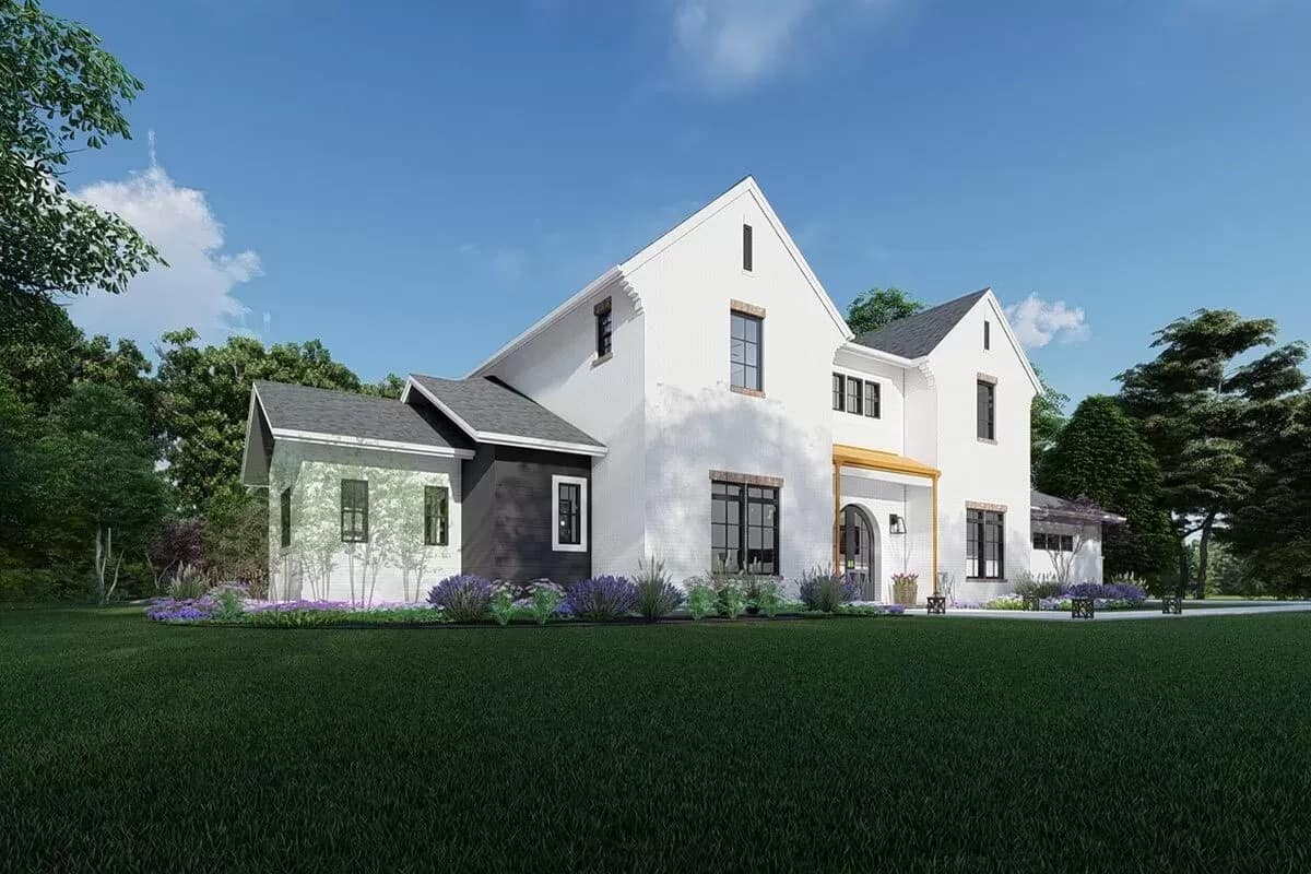 Front-left view with multiple gables and a covered entry.