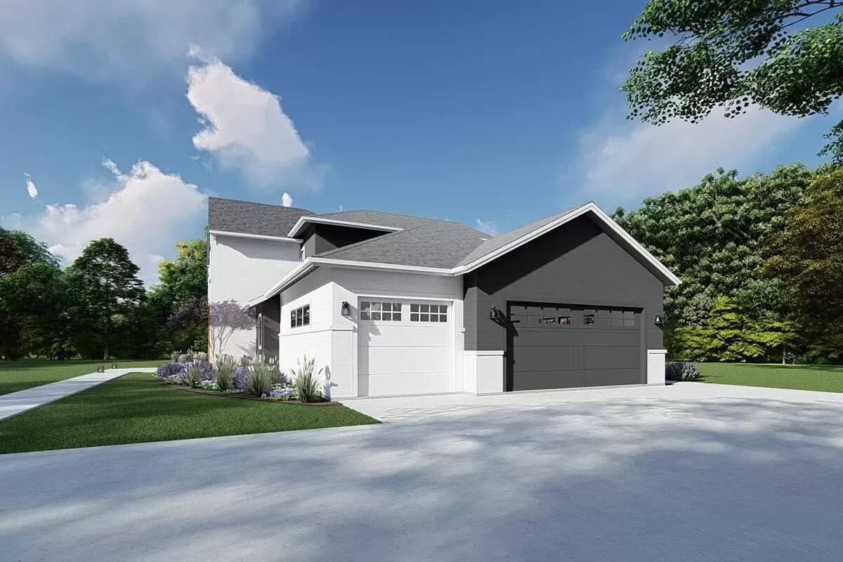 Right view of the house showcasing the 3-car side-loading garage.