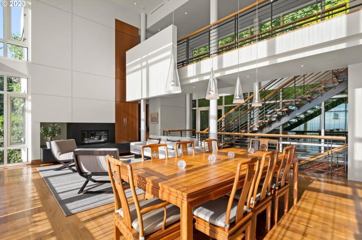 Dining room with a large wood table.