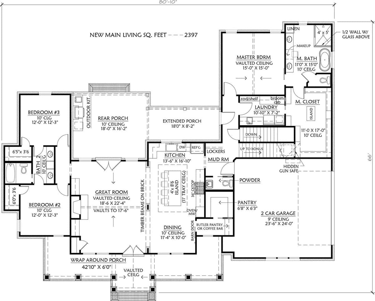 Main level floor plan showcasing the basement stairs location.
