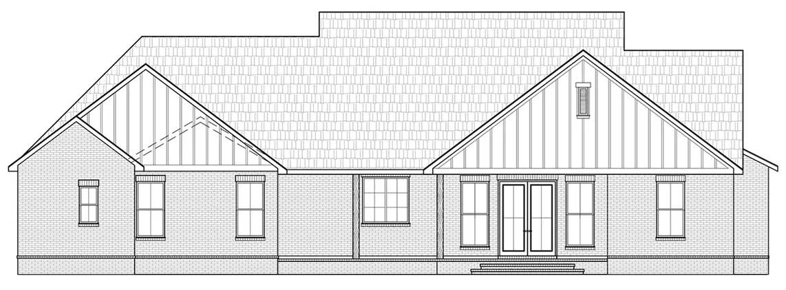 Rear elevation sketch of the Cottageville single-story 3-bedroom modern farmhouse.