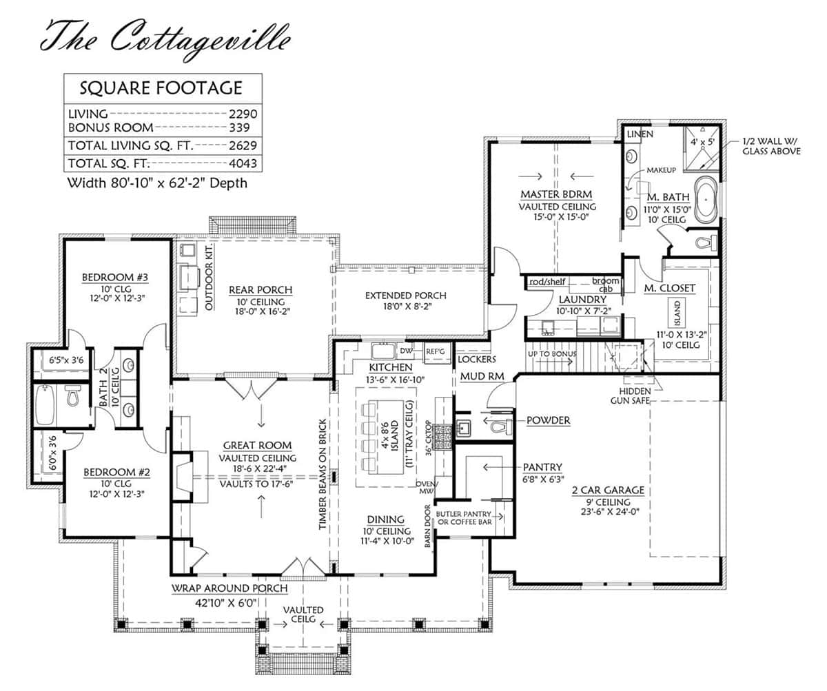 Main level floor plan of the Cottageville single-story 3-bedroom modern farmhouse with great room, kitchen, dining area, three bedrooms, laundry, and mudroom leading to the garage.