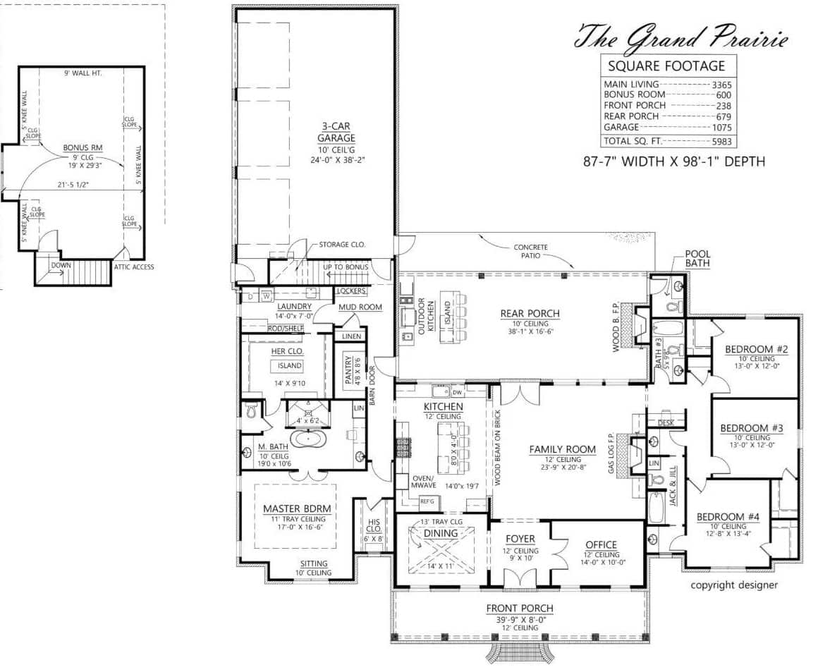 Main level floor plan showing the bonus stairs location.