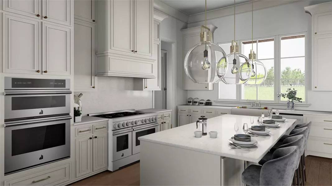 Glass-globe pendants and a trio of windows above the sink brighten the kitchen.