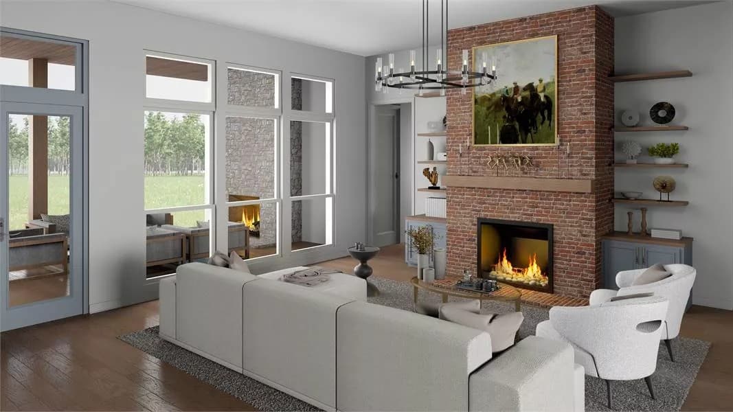Family room with a sectional sofa, round back chairs, and a brick fireplace flanked by floating shelves and base cabinets.