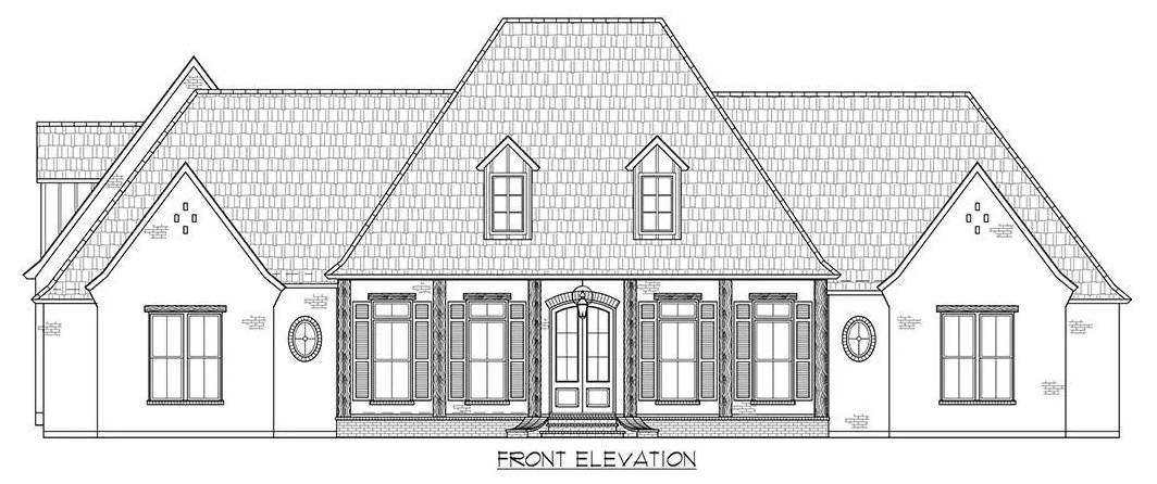 Front elevation sketch of the grand prairie 4-bedroom single-story French country home.