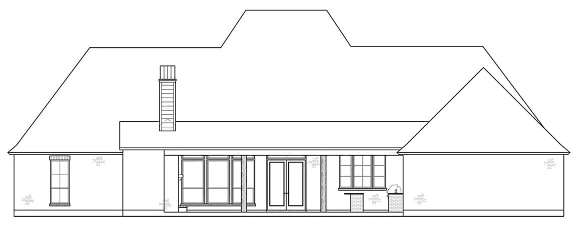 Rear elevation sketch of the grand prairie 4-bedroom single-story French country home.