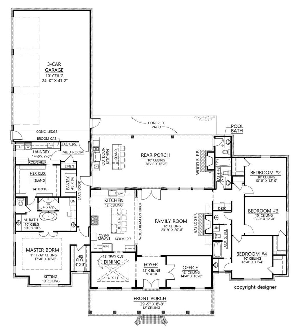 Main level floor plan of a grand prairie 4-bedroom single-story French country home with foyer, family room, kitchen, dining room, office, four bedrooms, and a mudroom leading to the garage.
