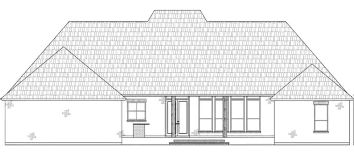 Rear elevation sketch of the 4-bedroom country style single-story Wildwood home.