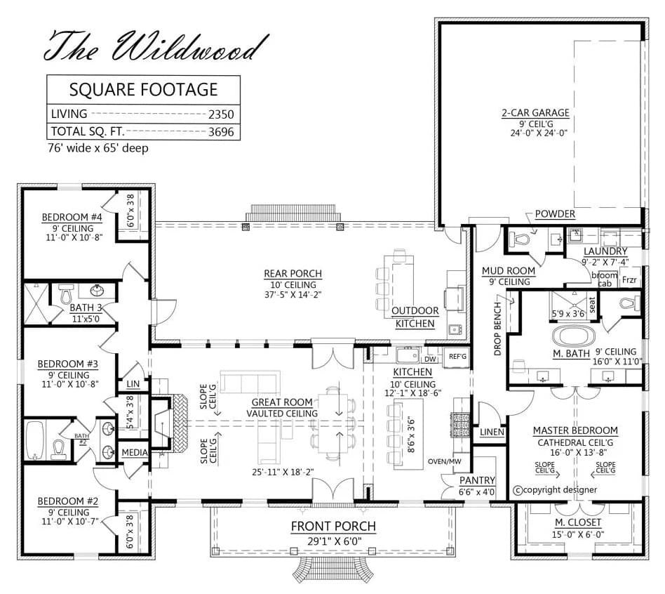 Main level floor plan of a 4-bedroom country style single-story Wildwood home with front porch, great room, dining area, kitchen, four bedrooms, and mudroom leading to the garage.