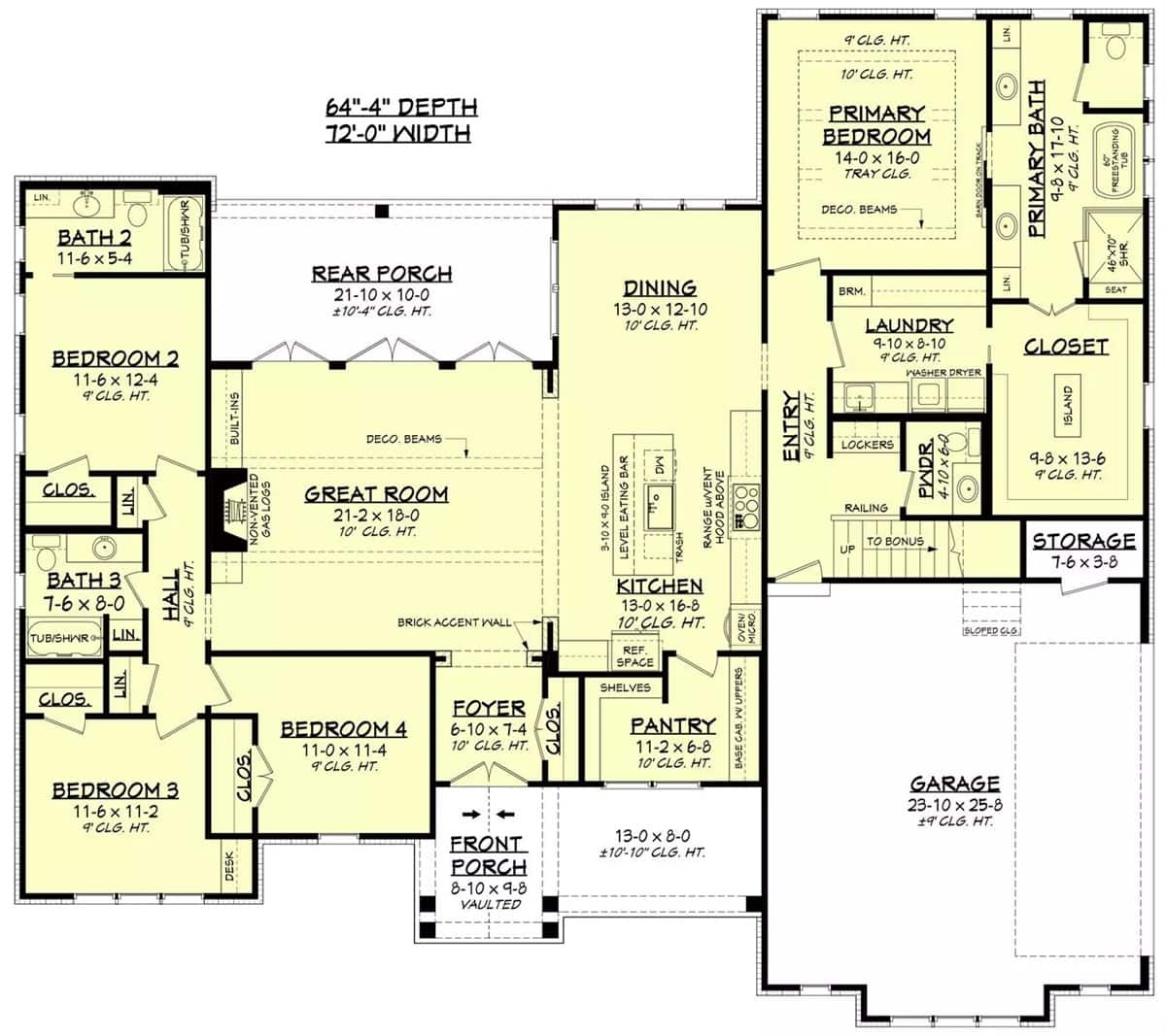 Main level floor plan of the Morning Trace single-story 4-bedroom modern farmhouse with foyer, great room, kitchen, dining area, four bedrooms, laundry, and 2-car side-loading garage.