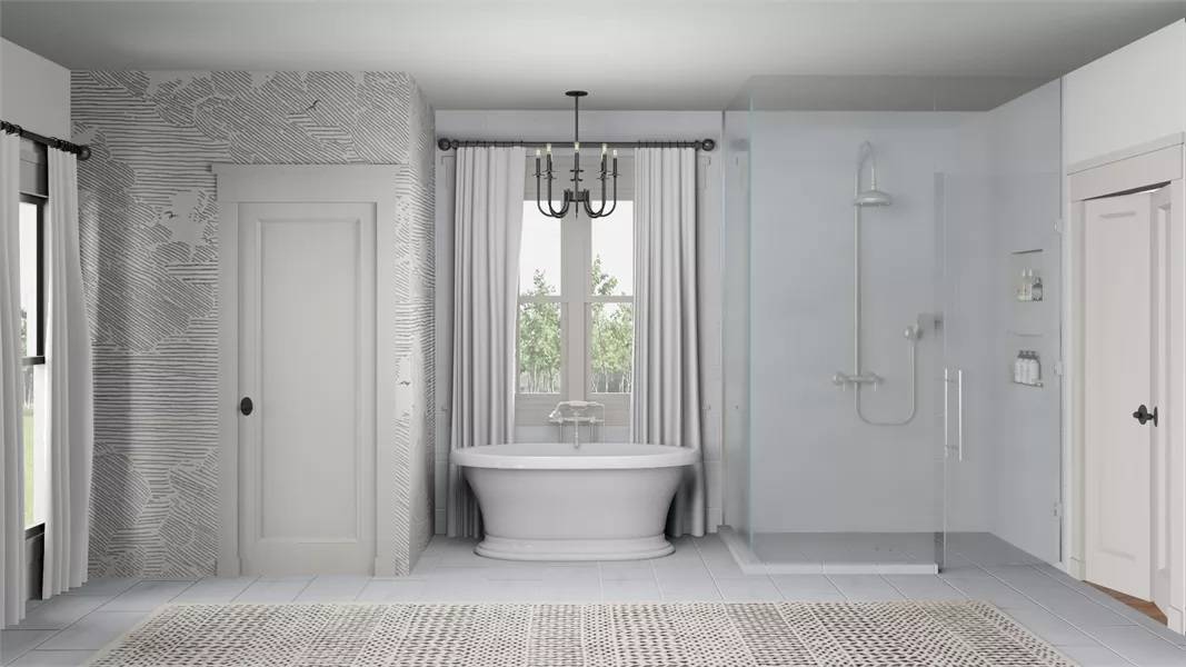 Primary bathroom with a toilet room and a walk-in shower flanking the bathtub.