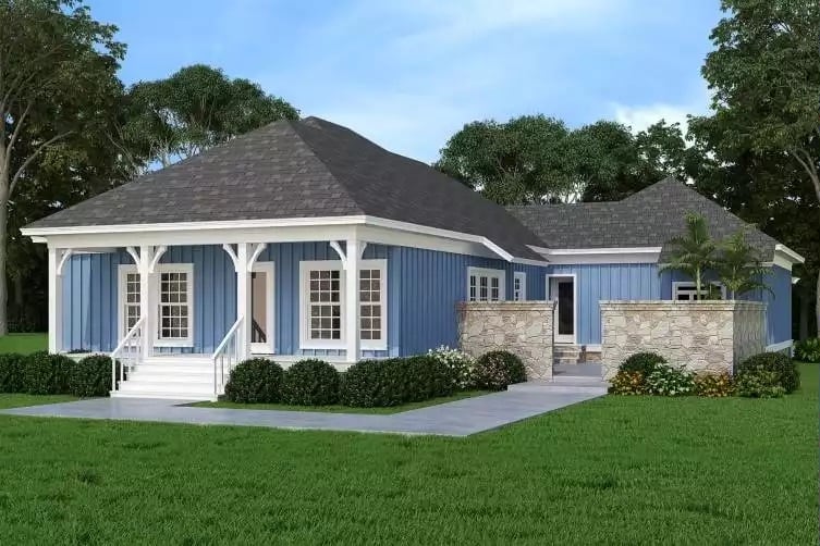 Rear view of the house with a covered porch and a private courtyard.