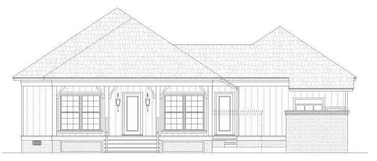 Rear elevation sketch of the single-story cottage style 3-bedroom Lucedale home.