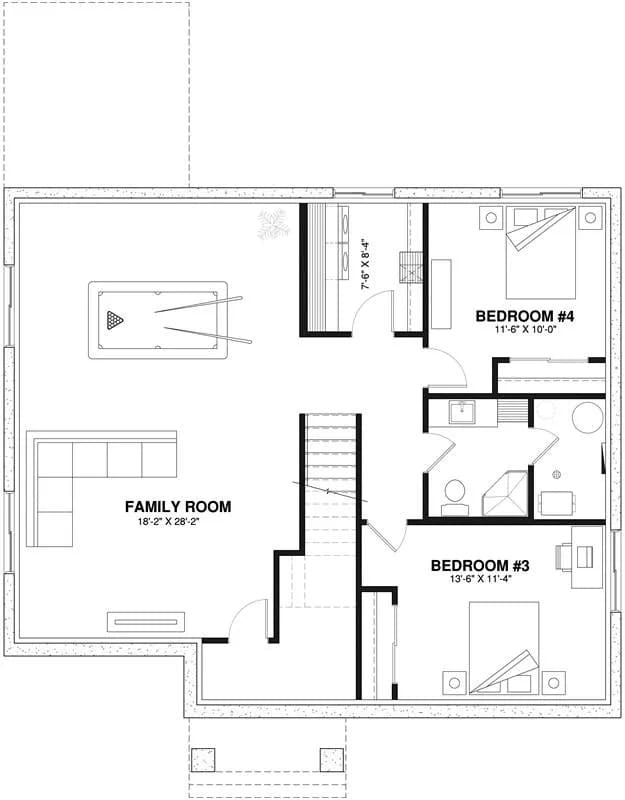 Lower level floor plan with two bedrooms, a shared bath, and a family room.