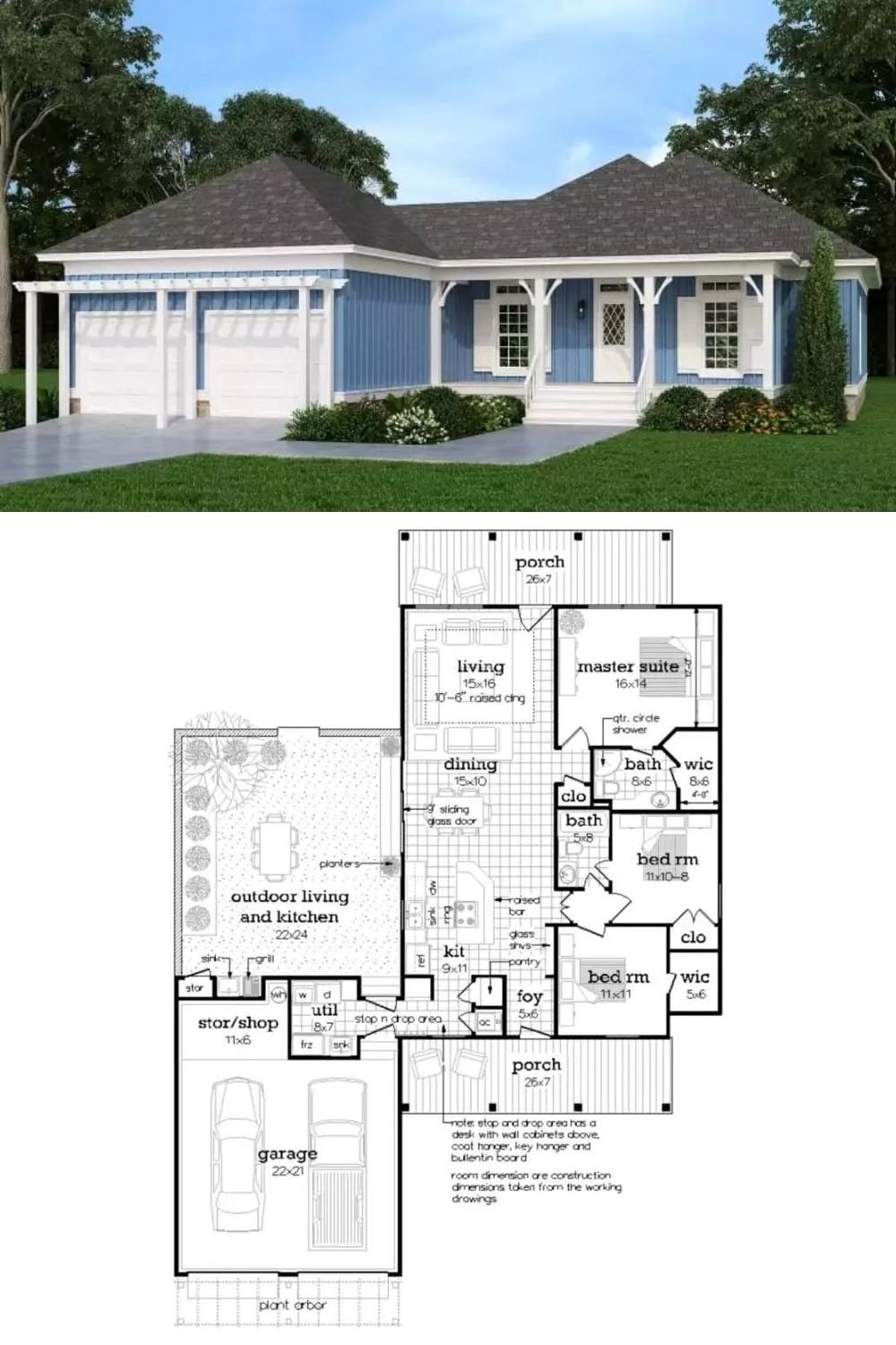 Hipped rooflines, board and batten siding, stone skirting, and an inviting front porch highlighted by charming columns adorn this 3-bedroom cottage. It includes a double front-facing garage with storage/workshop space and utility access.