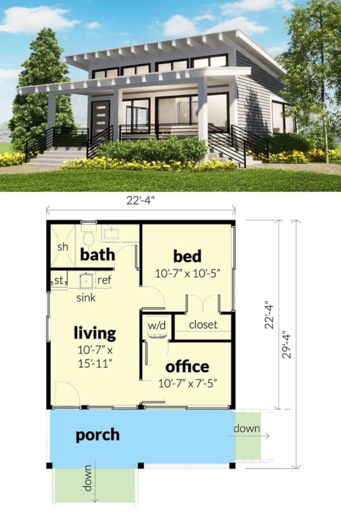 Single-Story Modern 1-Bedroom ADU with Covered Front Porch (Floor Plan)