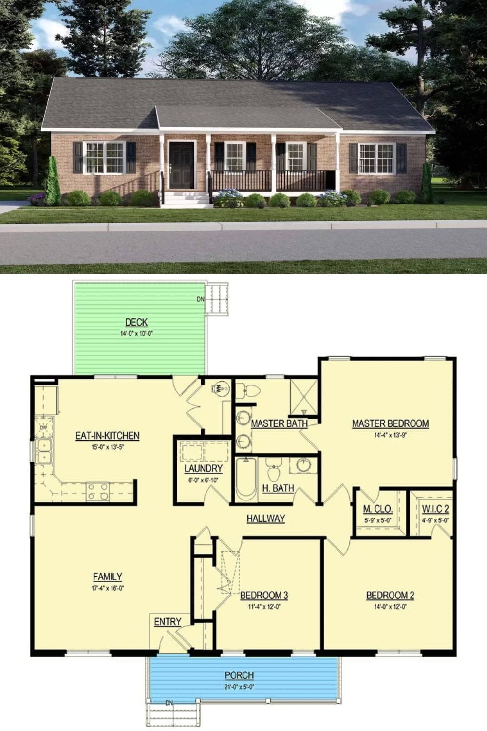 This single-story ranch exudes a classic appeal showcasing a traditional brick exterior, shuttered windows, and an inviting front porch bordered by decorative columns and iron railings.