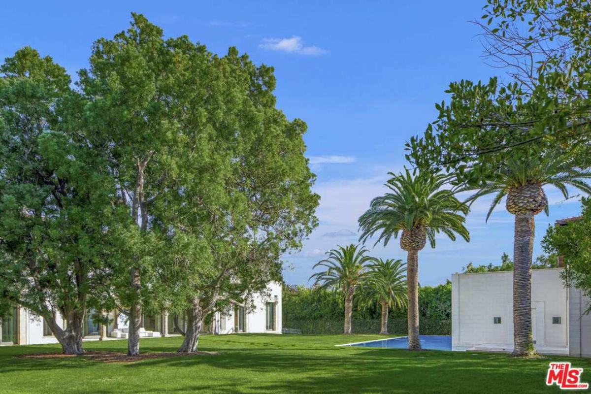 A backyard with green grass and trees.