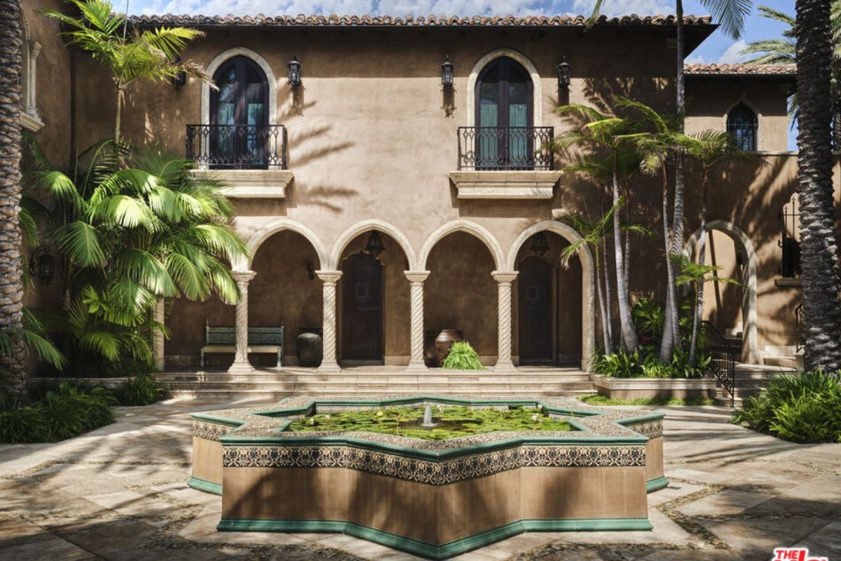 A courtyard with a fountain