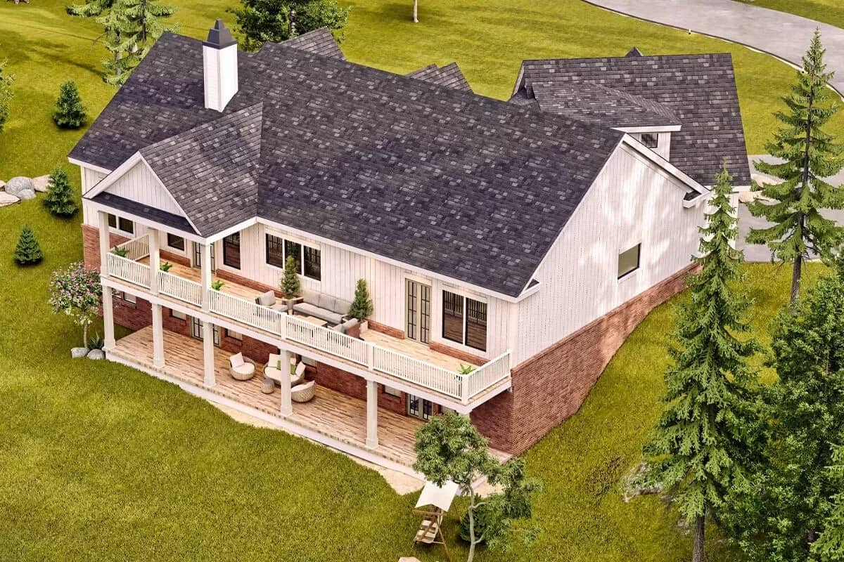 Aerial view of the two-story craftsman mountain home.