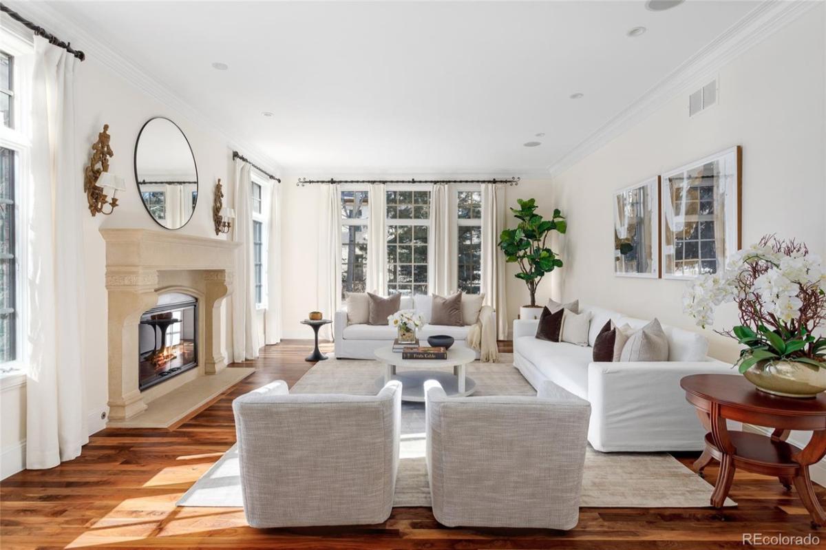 Living room with couches, glass windows, fireplace and a large rug.