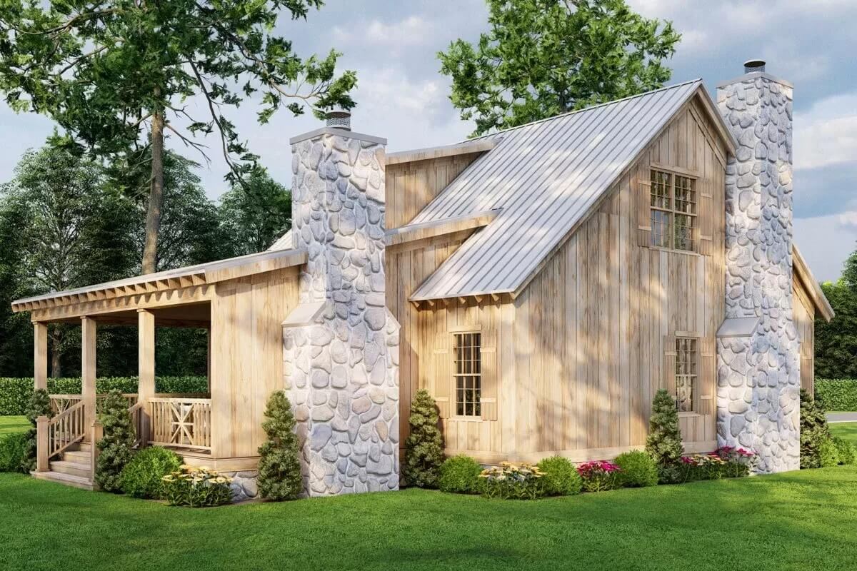 Rear-left view with two stone chimneys and a covered patio.