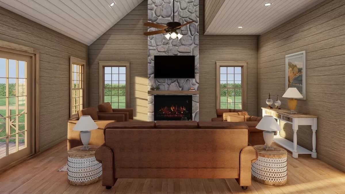 The great room includes wooden-framed windows that bring in lots of natural light.