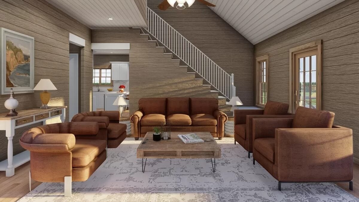 Brown sofas surrounding the wooden coffee table over the gray area rug.
